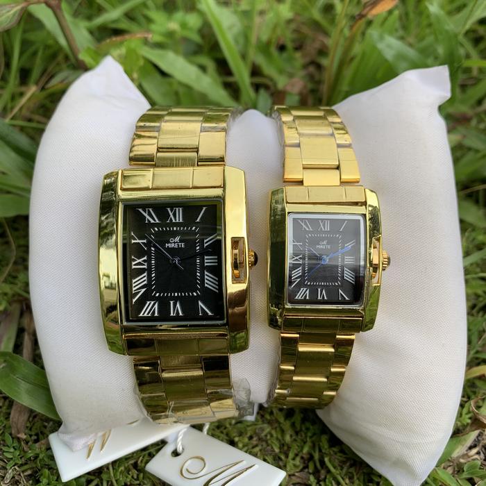 Jam Tangan Mirete Couple Warna Emas Dial hitam Persegi Panjang rantai kuning emas berkilau mewah dan