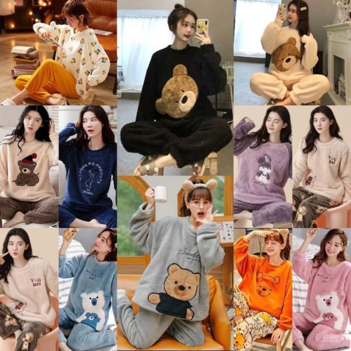V♪NN SETELAN PIYAMA SET PAKAIAN BAJU TIDUR BULU HANGAT PP WANITA DEWASA R㊚NC