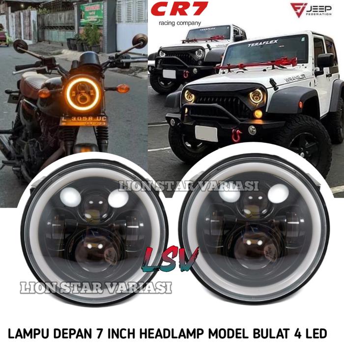 Lampu Depan 7 Inch Model Bulat 4 Mata LED Headlamp Utama 7 inci Foglamp Motor Mobil Harley Jeep Wate
