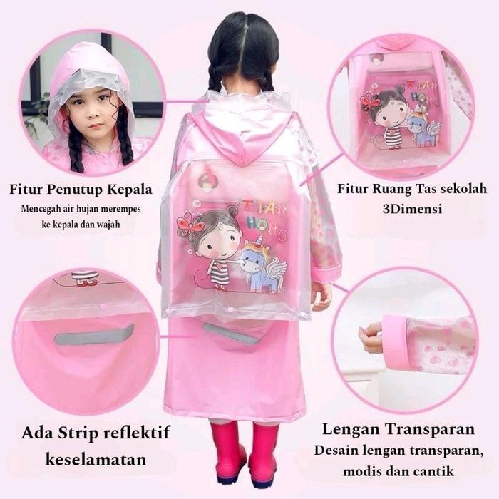 Jas hujan anak karakter ada tempat tas dibelakang lho jadi aman dari hujan
