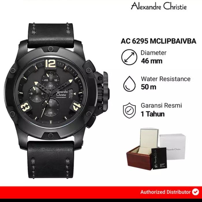 Jam Tangan Pria Analog Alexandre Christie AC 6295MC / AC 6295 MC Black Dial Black Leather Strap Orig