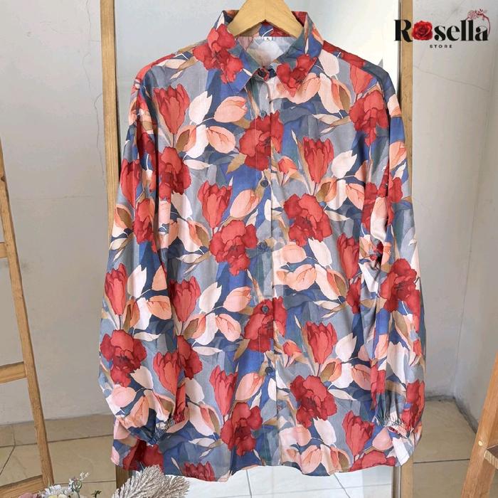 Rosella Baju Kemeja Bunga Warna Merah dan Biru dengan Desain Elegan untuk Tampilan Menarik
