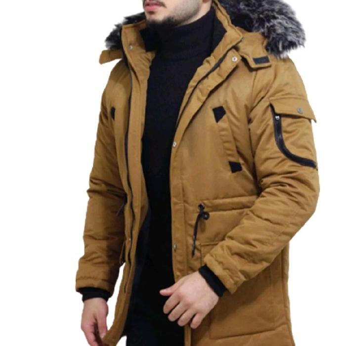 Jaket Winter Pria Elegan dengan Hoodie Bulu dan Desain Modern untuk Musim Dingin
