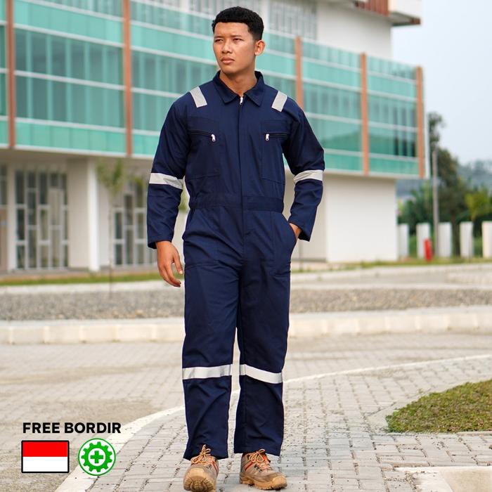 Seragam Kerja Werpak Bengkel Baju Wearpack Lapangan Las Safety Katun Polos Janitor Coverall biru mer