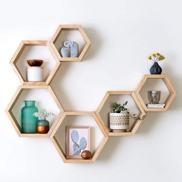 HBM Rak Dinding Hexagonal Hiasan Dinding Aesthetic Rak Hexagonal Kayu Jati Pajangan Hiasan Dinding G