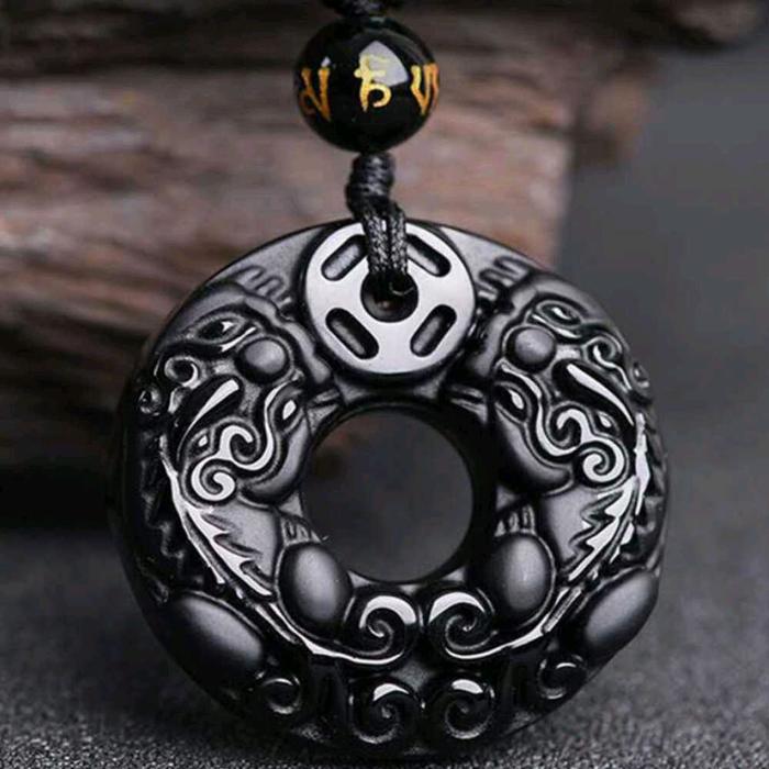 Kalung Batu Obsidian Ukir Pixiu Keberuntungan / Kalung Batu Hitam Pixiu - Black Obsidian Carved Pixi