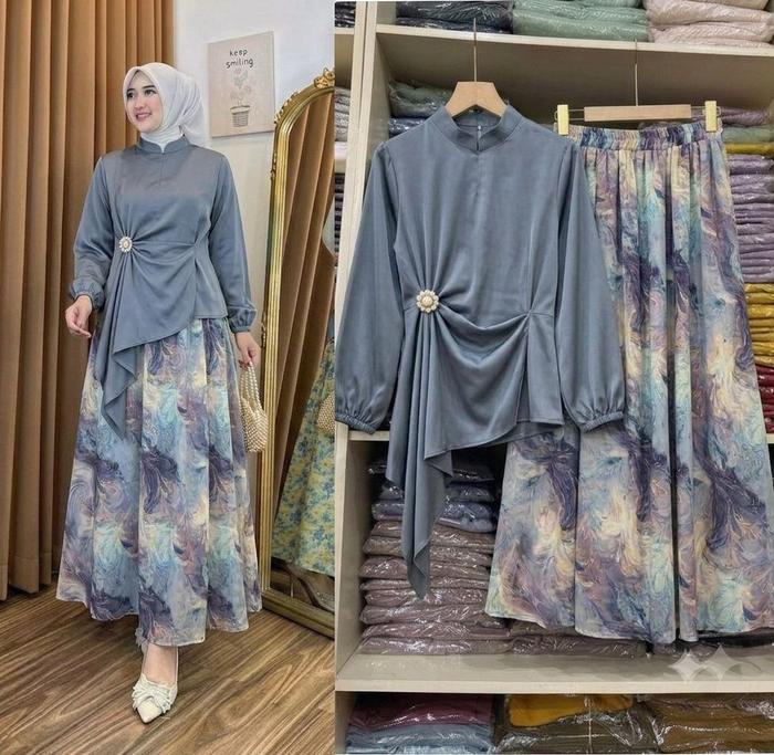 Setelan Wanita Terbaru Setrok Premium Baju Polos Twill Rok Motif Bunga Rempel Jumbo | Zalina Aleana
