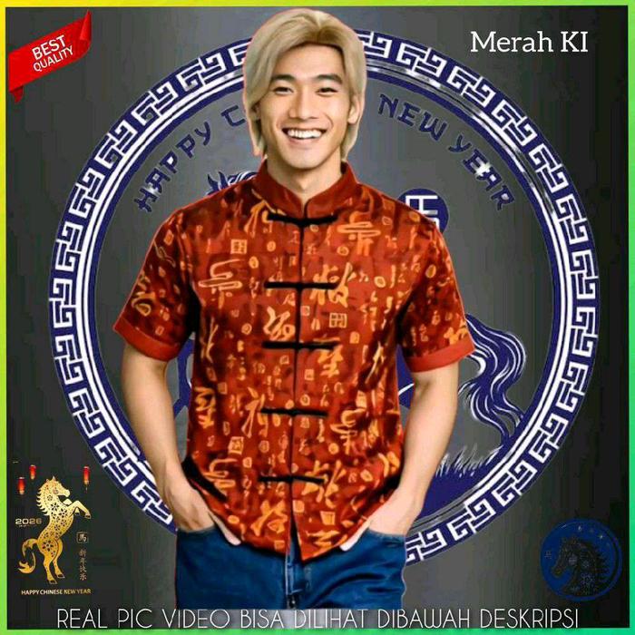 TM01298 Kemeja Imlek Baju Cina Pria Atasan Cheongsam Go Xi Fa Cai Laki Laki Chun Jie Merah KI
