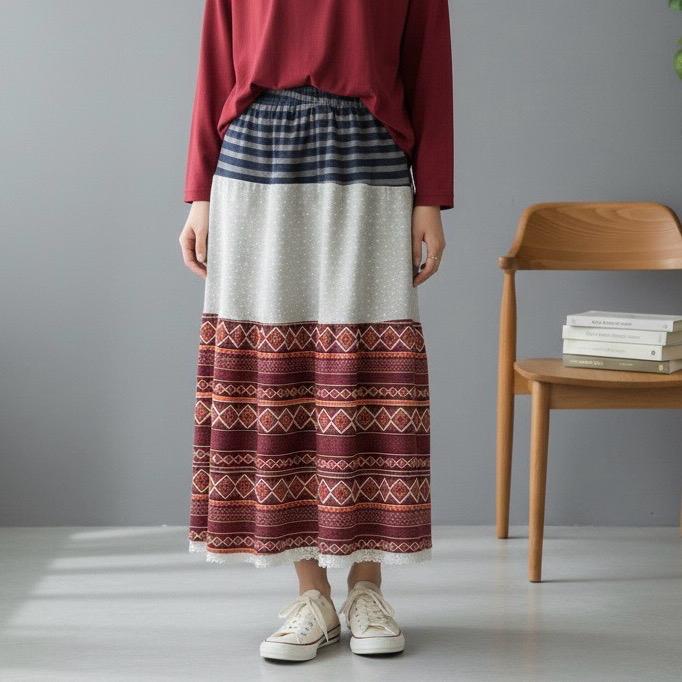 ROK PANJANG MAXI KAOS RAJUT KNIT PATCHWORK GARIS BIRU POLKA DOT ABU TRIBAL MERAH IMPORT