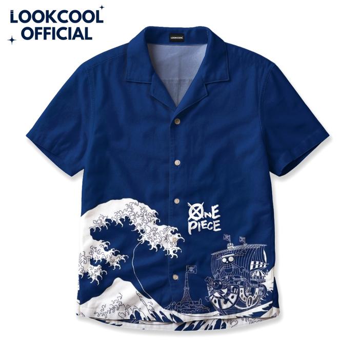 LOOKCOOL Kemeja Thousand Sunny Ombak Jepang Pria Biru One Piece