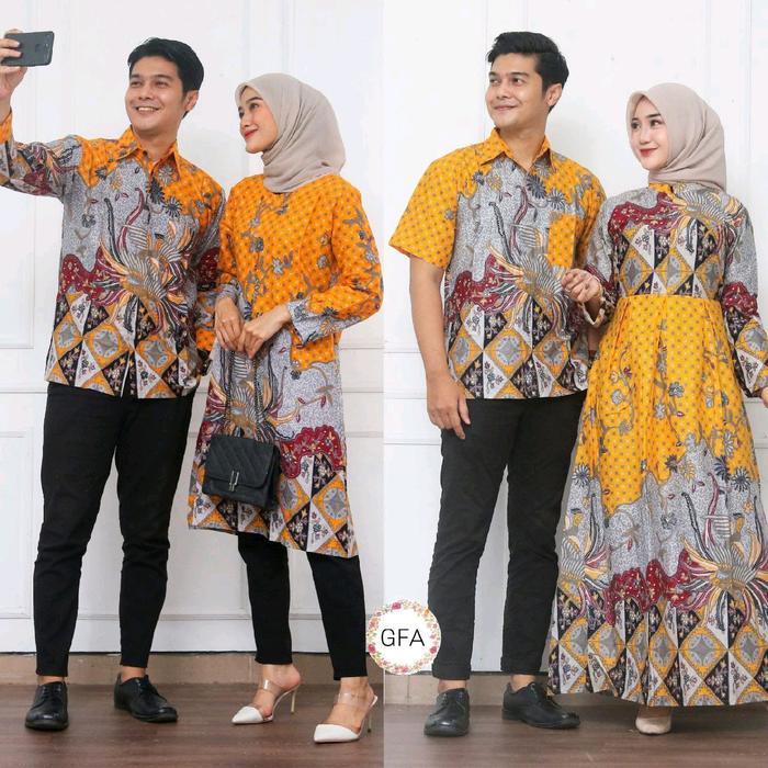 Batik Couple Gamis dan Tunik Atasan Tunik Saku Rits Depan dan Kemeja Pria Lengan Panjang Hem Batik K