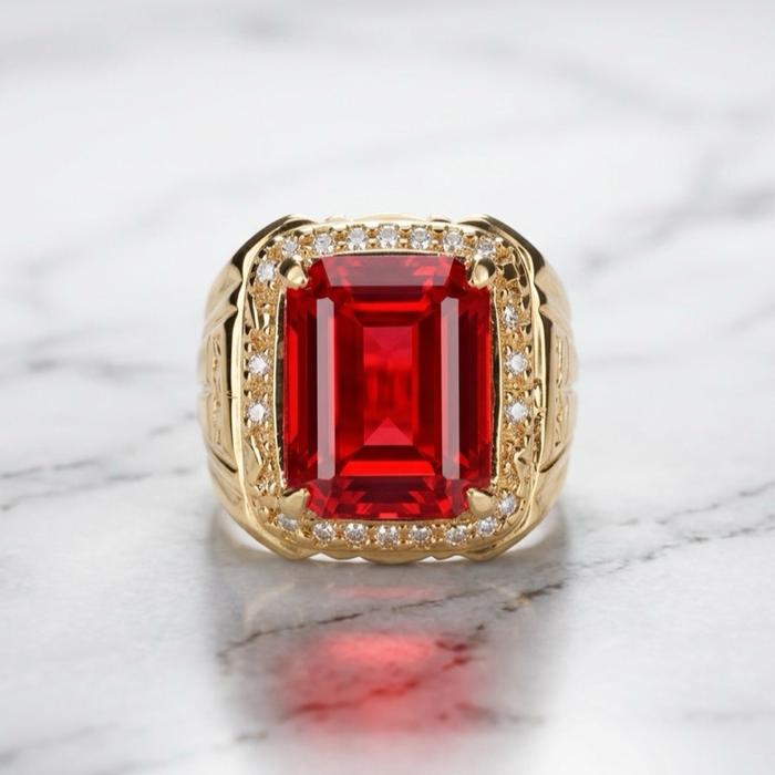 Cincin Emas Mewah dengan Batu Permata Merah Berlian Hiasan Elegan untuk Pria dan Wanita