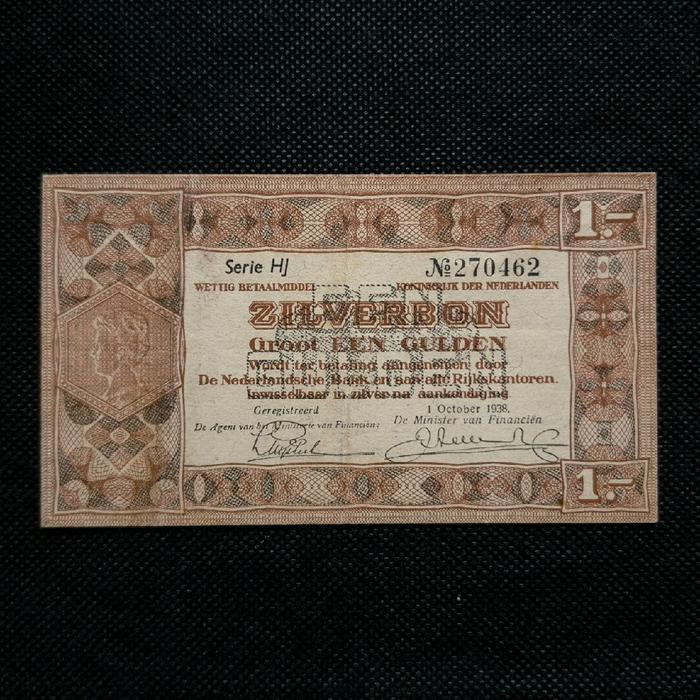 Uang Kertas Kuno Belanda 1 Gulden Zilverbon tahun 1938 - Serie HJ no 270462