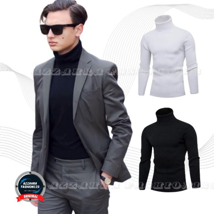 PREMIUM (READY) terjamin Sweater Turtleneck Cotton Rib Premium Longseve slimfit Pria Hitam Putih Dal