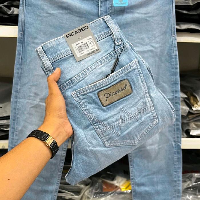 celana PICASSO Original warna Aqua brish bahan karet Jeans