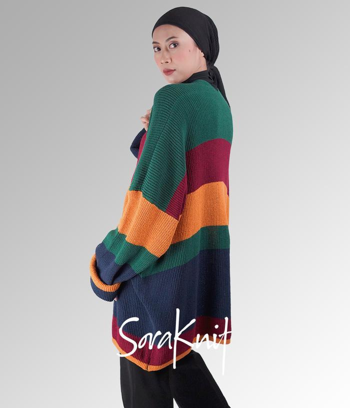Outer Atasan Cardan Cardi Rajut Wanita Premium Jumbo Oversize Keren Tebal Motif Garis Setrip Long Ka