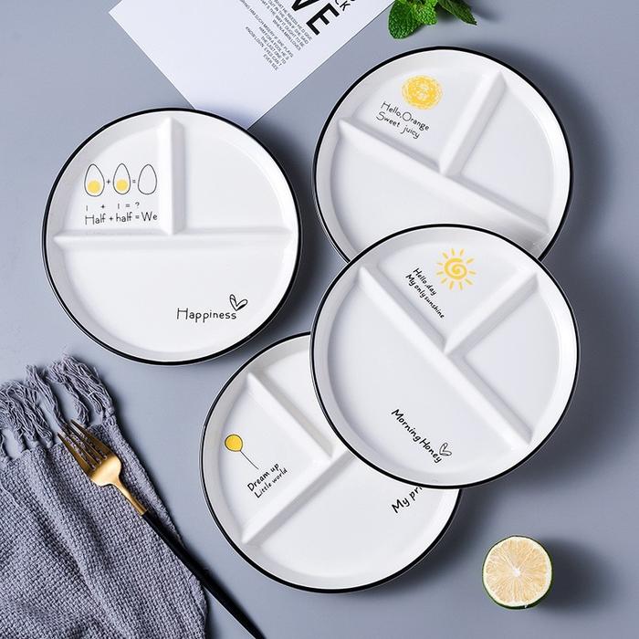 Piring Sekat Tiga Diet Keramik Estetik ala Korea Aesthetic Plate for Diet Aesthetic Divided Ceramic 