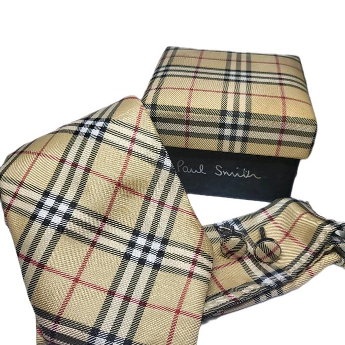 Paul Smith London Set Dasi Tie Kancing Jas Cufflinks & Sapu Tangan Motif Burberry Elegan untuk Acara