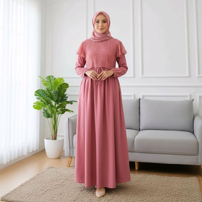 ZIA Baju Gamis Wanita Brokat Jumbo Maxi Dress Muslim Kombinasi Brokat Modis Elegan Cocok untuk Acara