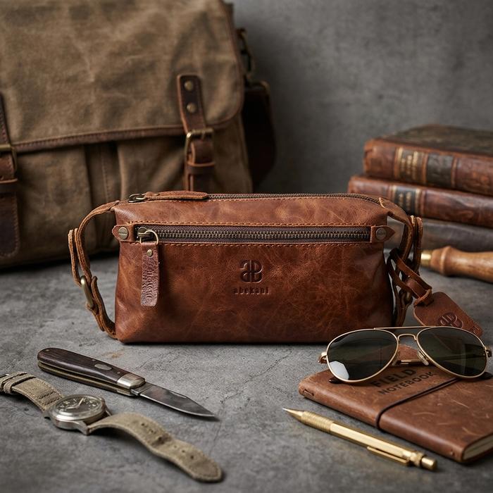 ABEKANI LEATHER Travel Pouch Size Small Terbuat Dari Kulit Sapi Asli Dilengkapi Lining Lurik ATBM Di