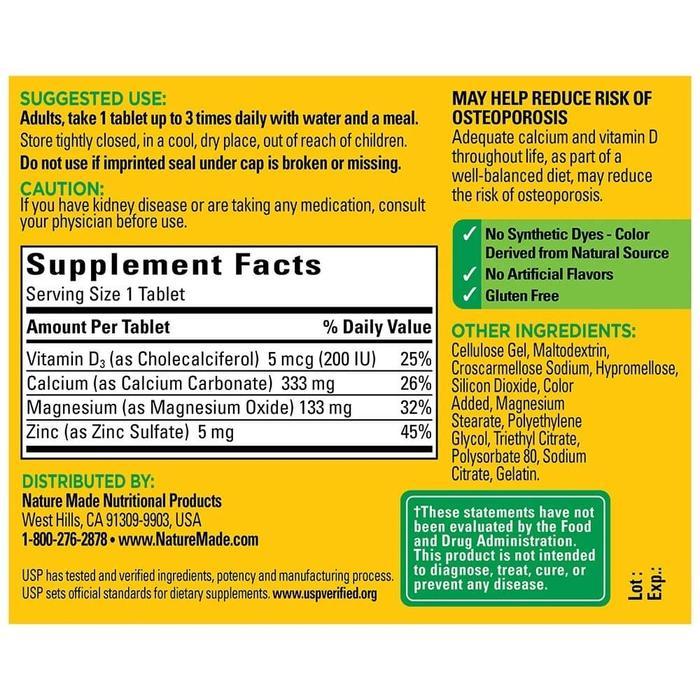 [ORI USA] NATURE MADE CALCIUM, MAGNESIUM, ZINC WITH VITAMIN D3 - 300 TABLETS