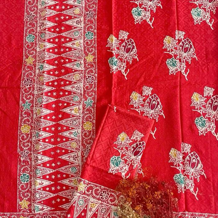 Kain batik cap bahan doby motif ceplok set stelan sarung selendang