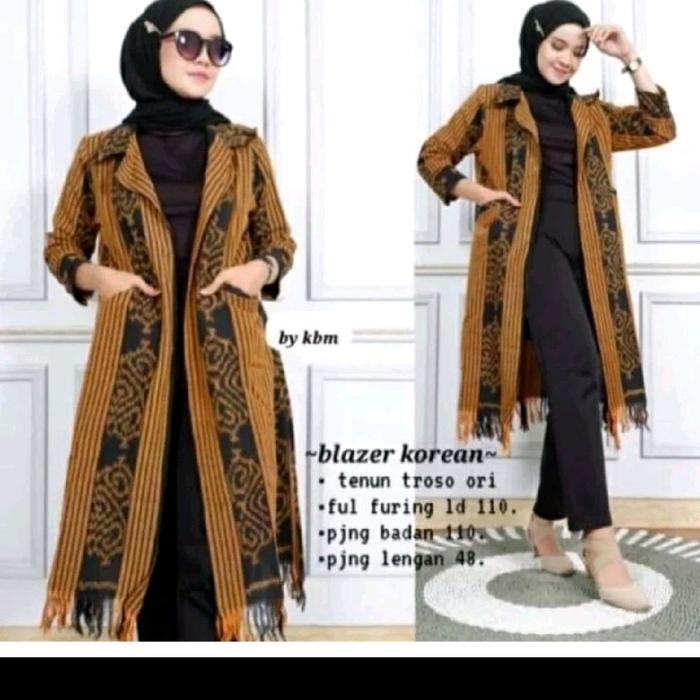 Blazer Tenun Motif Kalimantan Tengah Etnik Muslim Cardigan Outer Wanita Baju Panjang Batik Rompi Ata