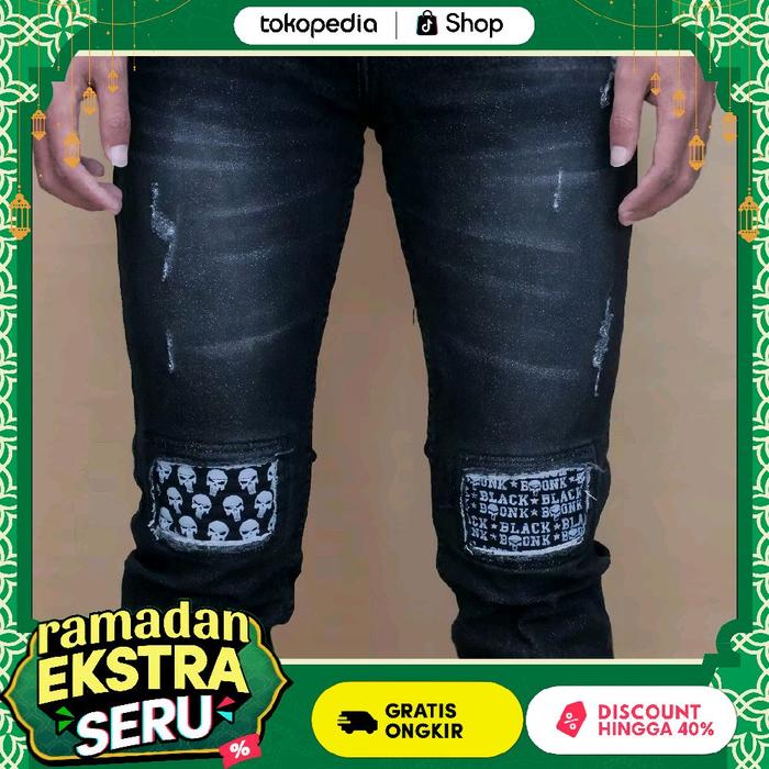 BLACK BAONK BL 10 | Celana Jeans Panjang Denim Pria Robek Rucas Edition Tengkorak/Black Baonk Logo-O