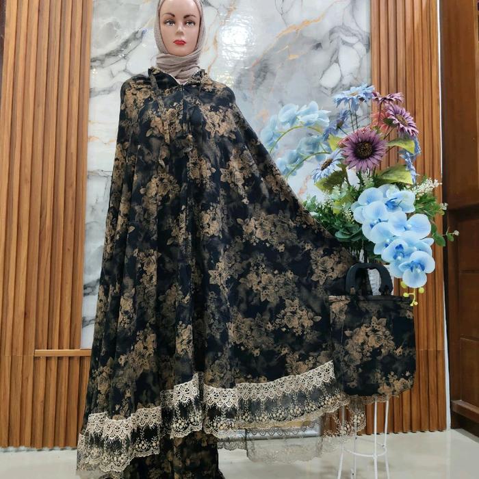 MUKENA RAYON VISCOS MOTIF BUNGA MAWAR RENDA TILEU HITAM