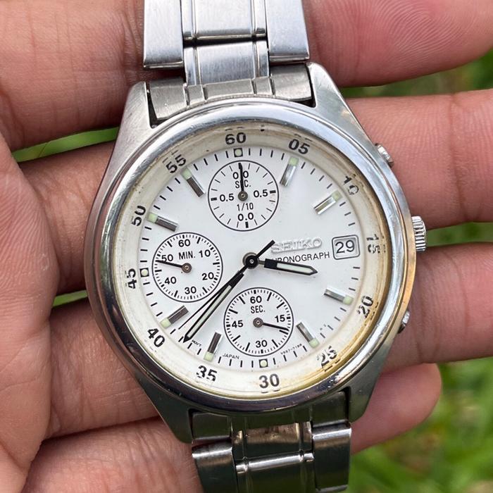 jam vintage Seiko Chronograph Quartz japan v657-7100 White Dial jadul kuno antik classic fashion pri