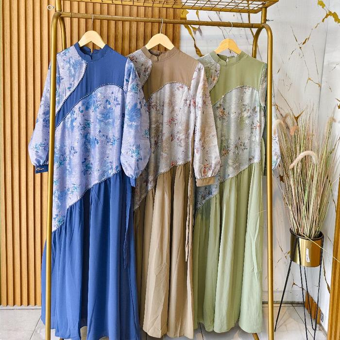 Gamis Qorys printing ceruty elegant tali belakang