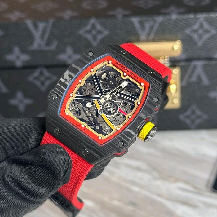 Jam Tangan Pria Skeleton Tonneau Sport Carbon – Strap Merah Automatic Style Richard Mille