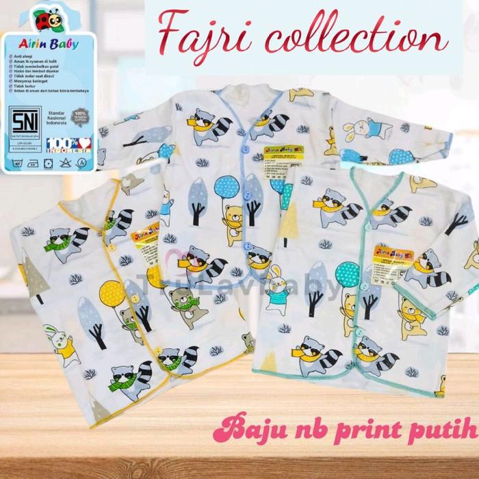 AIRIN 3 Pcs Baju Bayi Baru Lahir Kancing Depan Lengan Panjang Motif Print/Atasan Baju Bayi Tangan Pa