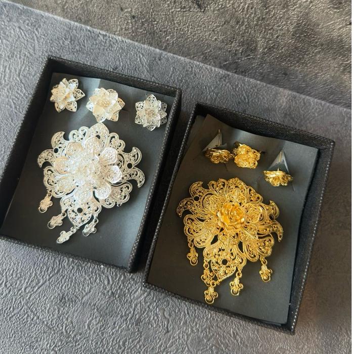 Set bros alpaka tumpuk 1 mahira silver / gold skrup hiasan kebaya bali
