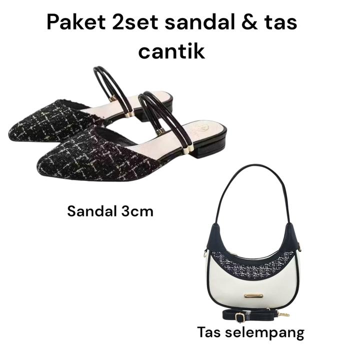 Paket hemat 2 set sendal wanita hak3cm vina dan tas slempang elody