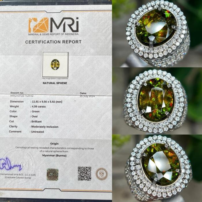 Rare 4.59ct Natural Green chrome Sphene sertifikat MRI ring perak microsetting tapper