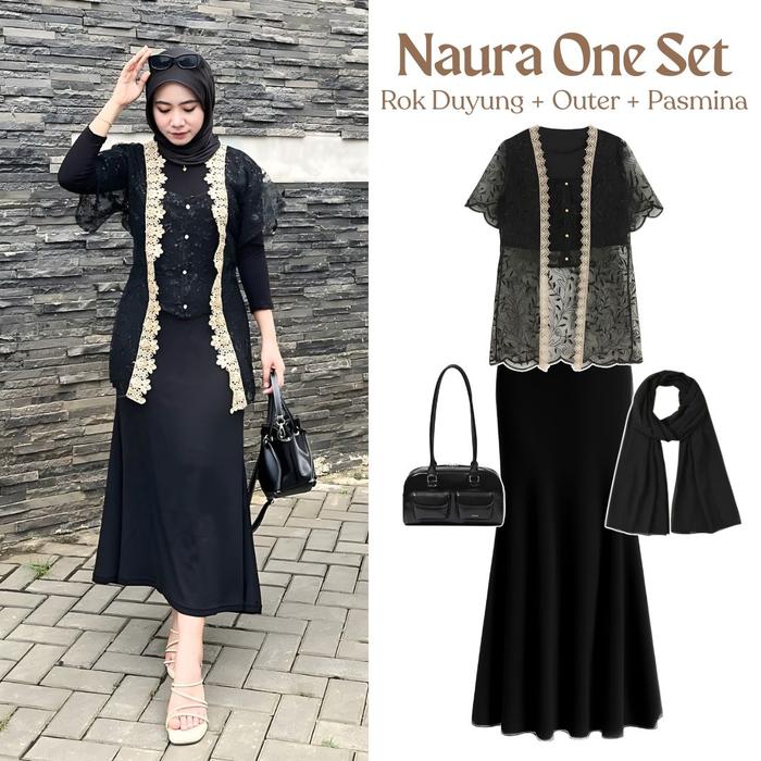 One Set 3in1 outer brukat lengan pendek rok span duyung scuba hijab pasmina pashmina ceruty | outfit