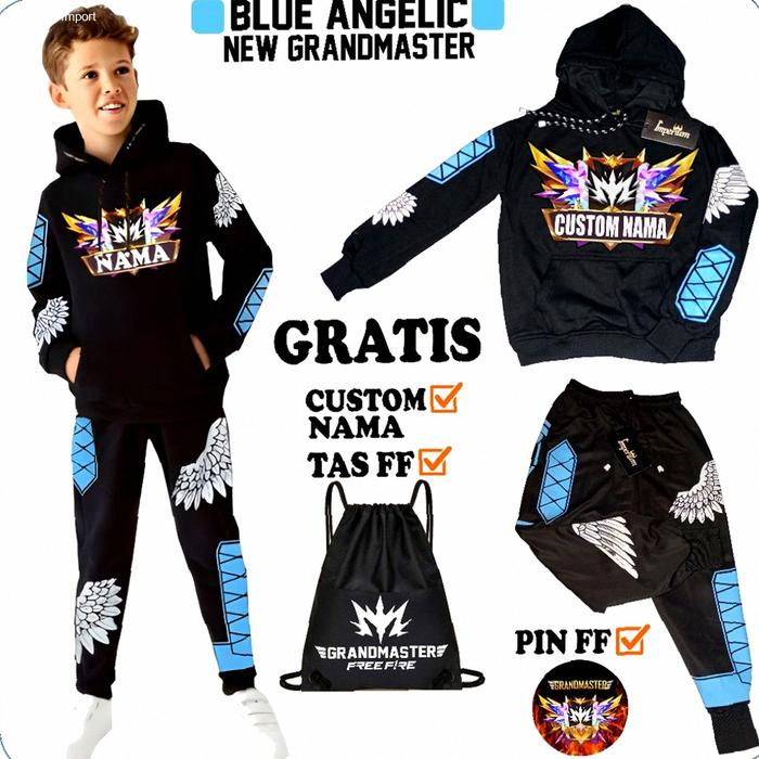 IMPERIUMKIDZ Setelan Celana Anak Free Fire Angel dan Jaket Sweater FF Grandmaster Kaos Gaming Biru |