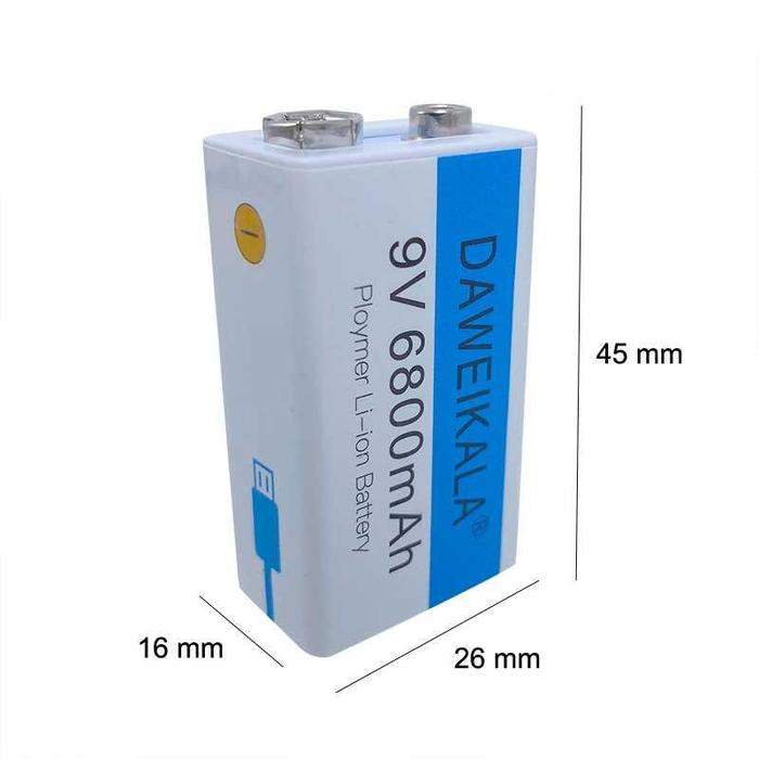 Baterai 9 V Rechargeable Li-ion USB Type C 6800 mAh - D-9V