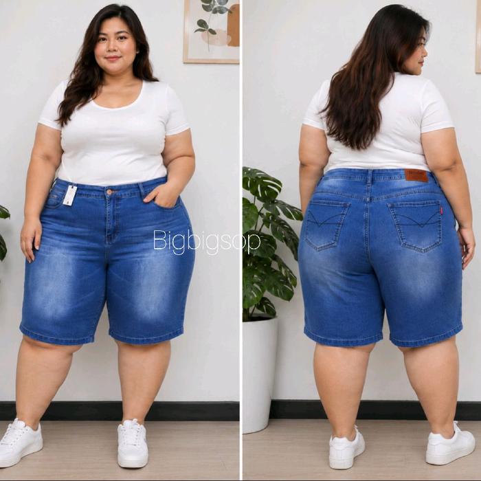 Jeans Selutut Wanita Big Size 10L-12L setara 44-45-46 Panjang 3/4 Stretch Premium Mid Waist Hitam Sa