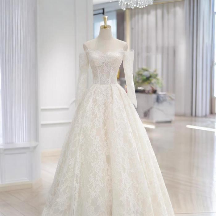 Putih Lace Gaun Pengantin Sabrina Lengan Panjang Simple dan Elegan Gaun Pesta