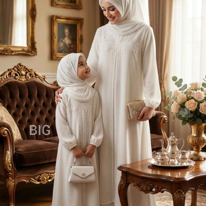 Seruty Gamis Putih Couple Sarimbit Ibu dan Anak Babydoll Detail Brukat Dada Mix Payet Swarovski Mewa