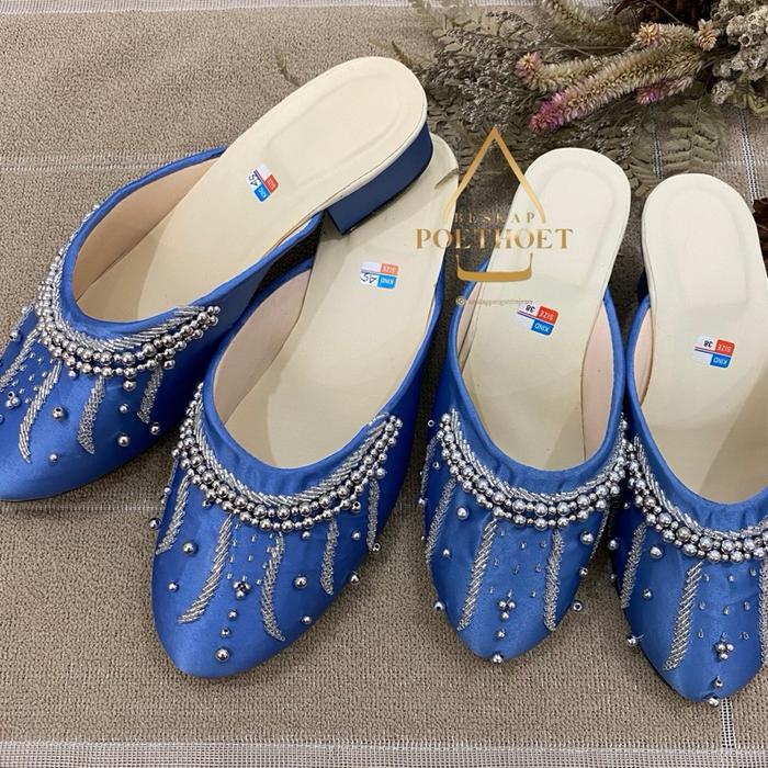 selop sendal sepatu pengantin pria dan wanita jawa payet biru denim blue premium hak tahu couple Sho