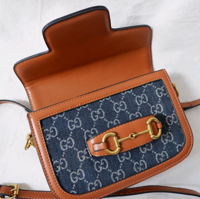 Preloved G**** Horsebit 1955 Mini Blue Denim & Dark Brown  Size 20 x 5 x 15 cm Long strap leather Or