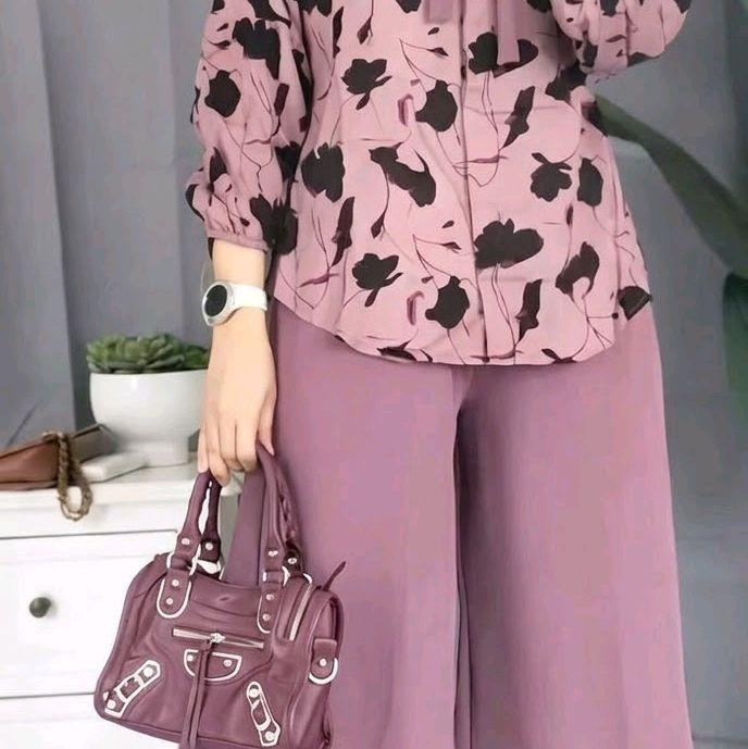 Setelan Wanita Muslim Motif Bunga 2in1 Blouse Floral Celana Kulot Panjang Outfit Casual Modis