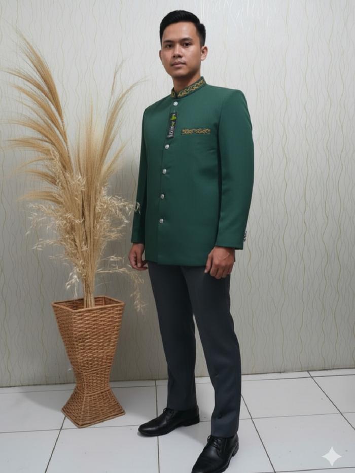 Jasko Hijau NU Baju Muslim Pria Jas Koko Bordir Sederhana Kerah Saku Merek Jasco Tasik Original
