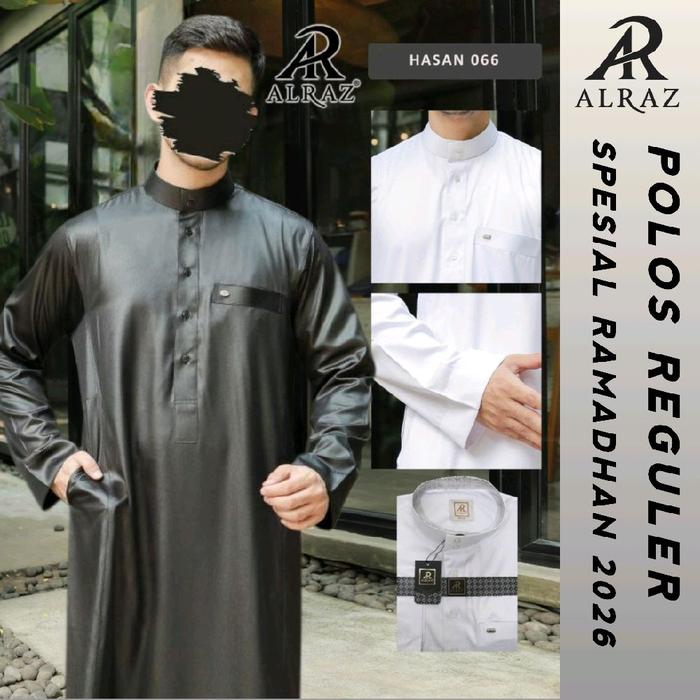 HASAN | Jubah Al Raz Polyester Pria "Hasan" Putih Non Manset Kerah Tegak | Gamis muslim Dewasa Saudi