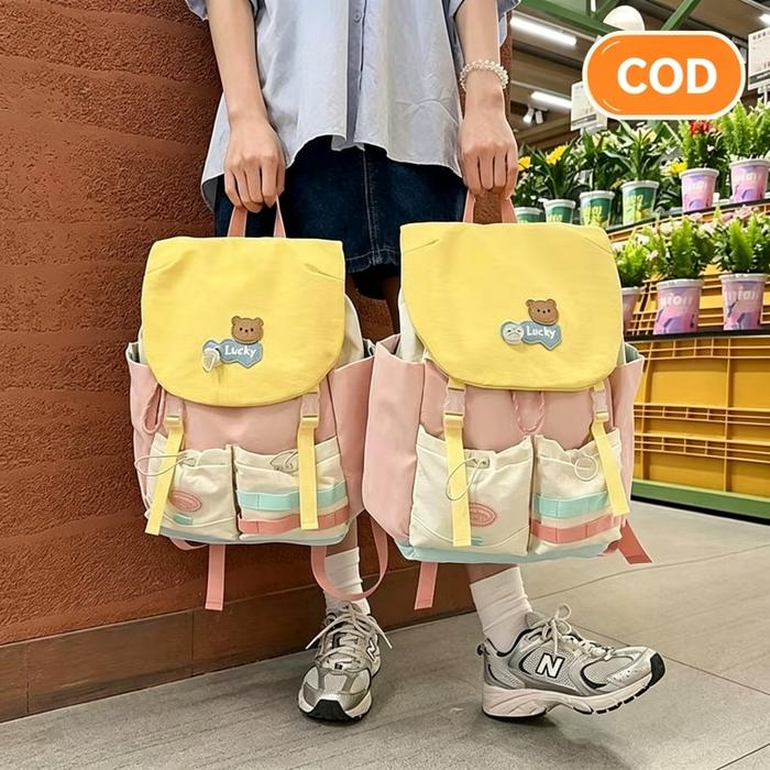 Tas Ransel Viral TikTok Indonesia Desain Patchwork Warna Kombinasi Bahan Tahan Lama Berdetail Beruan