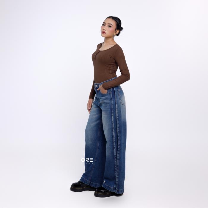 ORE - Barrel Kulot Jeans 346 Highwaist Casual Denim Pants Click Buttons Celana Wanita Non Strech