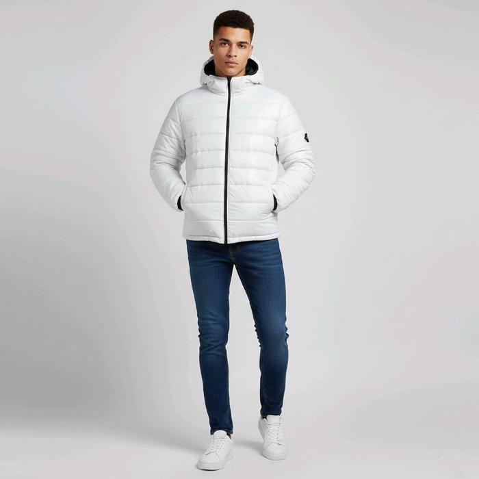 Jaket Puffer Putih dengan Logo Panjang untuk Pria - Bahan Nylon Hologram Berkualitas - Hitam, Keren,